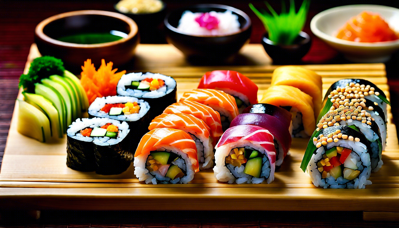 Разнообразие роллов и суши с использованием овощей